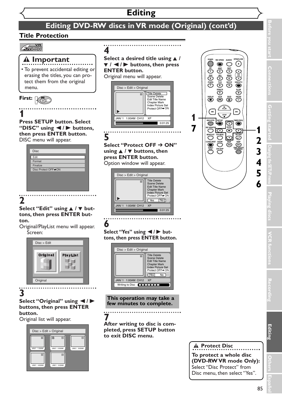 Editing, Important, Title protection | First | Sylvania SRDV495 User Manual | Page 85 / 108