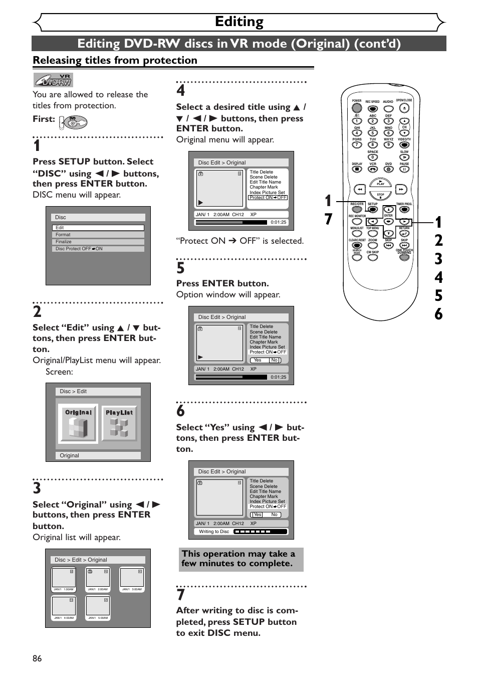 Editing, Releasing titles from protection, Press enter button. option window will appear | Sylvania SRDV495 User Manual | Page 86 / 108
