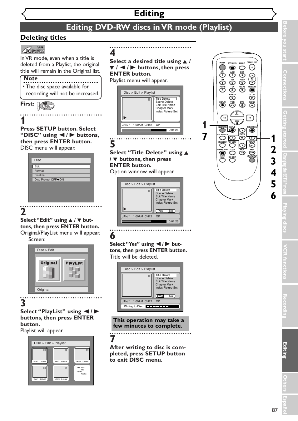 Editing, Editing dvd-rw discs in vr mode (playlist), Deleting titles | Sylvania SRDV495 User Manual | Page 87 / 108