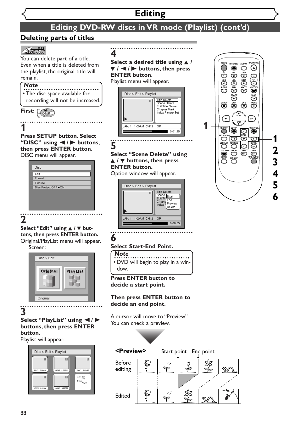 Editing, Deleting parts of titles, Preview | Edited start point end point, Dvd will begin to play in a win- dow | Sylvania SRDV495 User Manual | Page 88 / 108