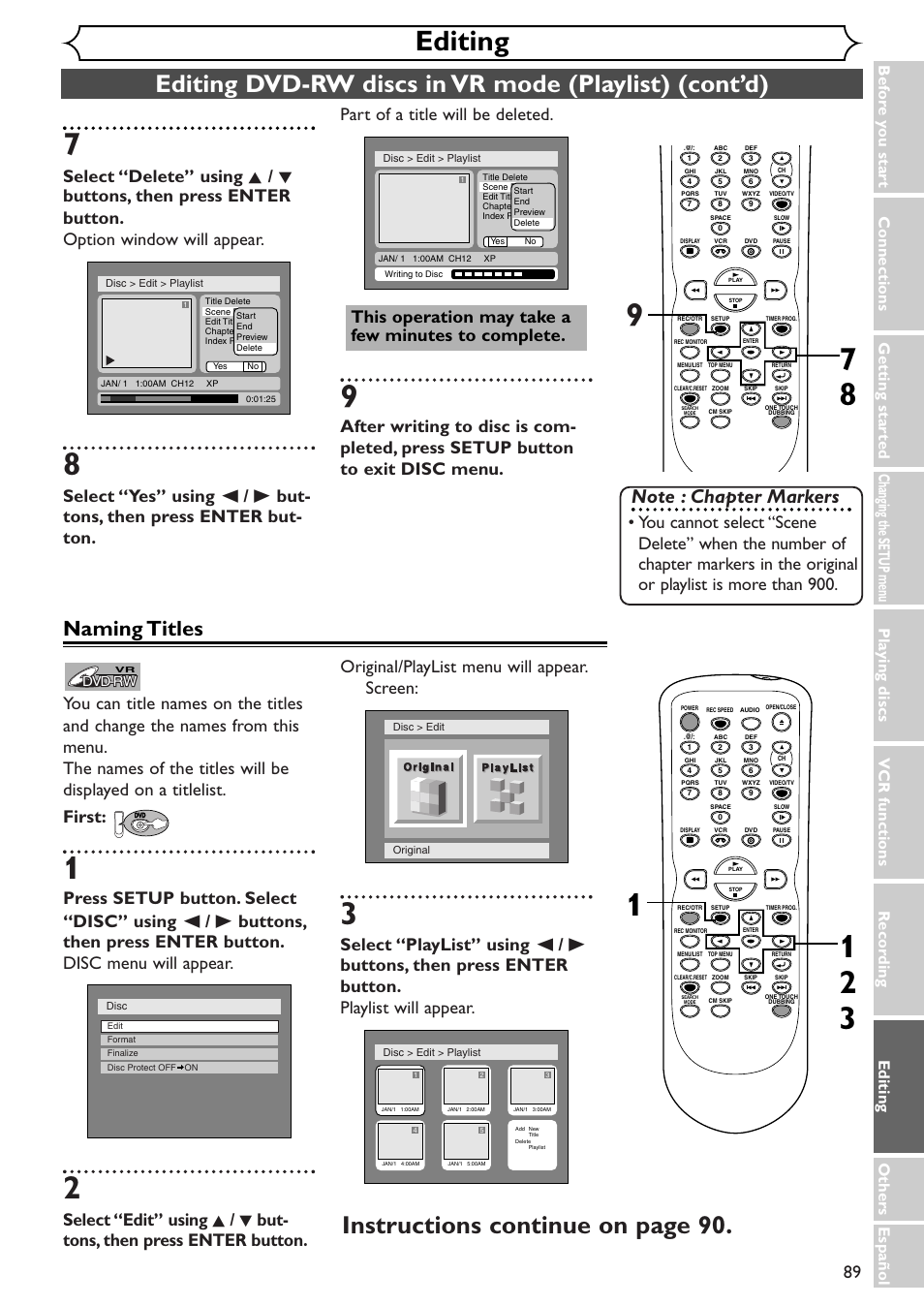Editing, Instructions continue on page 90, Naming titles | Sylvania SRDV495 User Manual | Page 89 / 108