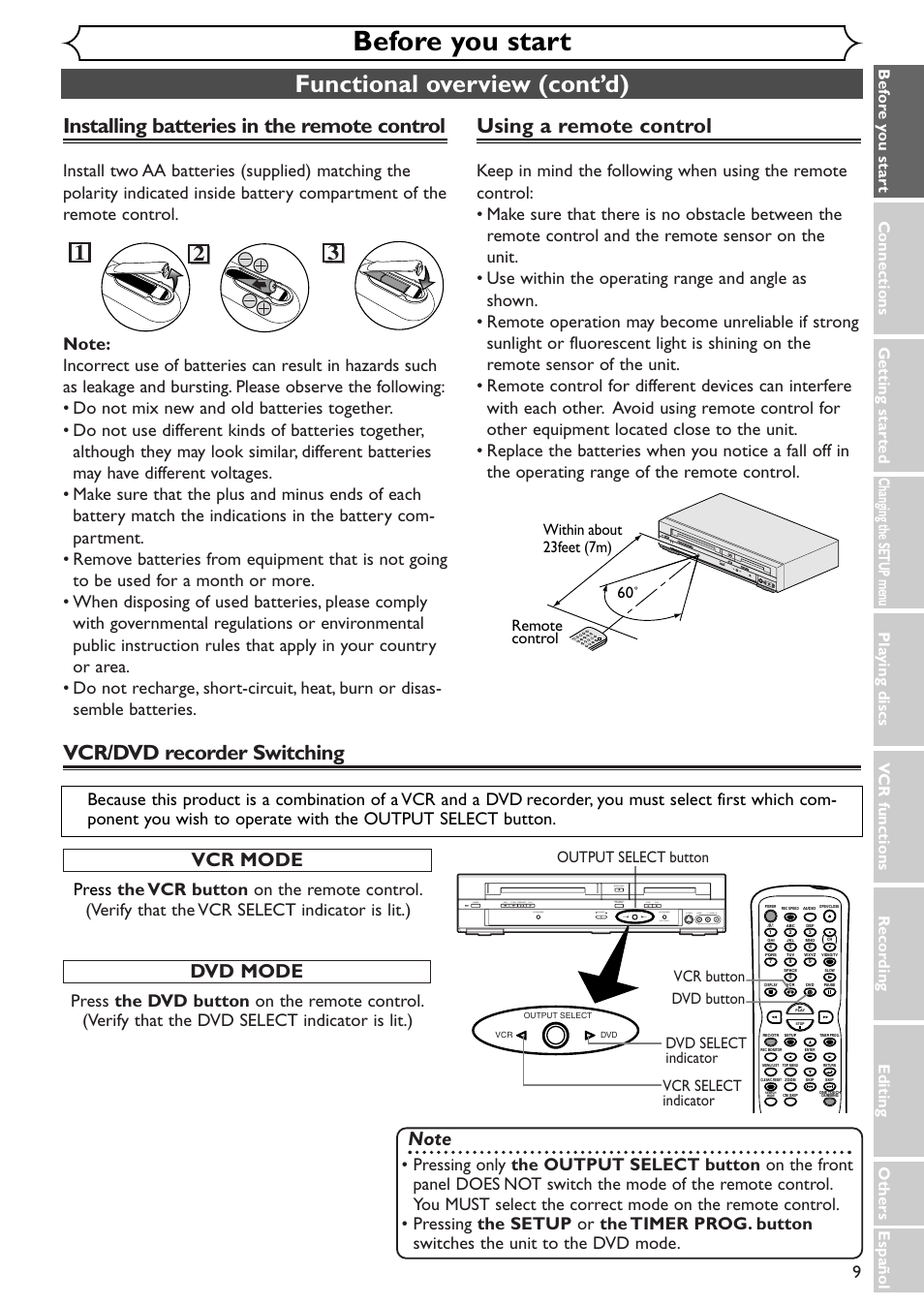 Before you start, Functional overview (cont’d), Using a remote control | Installing batteries in the remote control, Vcr/dvd recorder switching, Dvd mode | Sylvania SRDV495 User Manual | Page 9 / 108