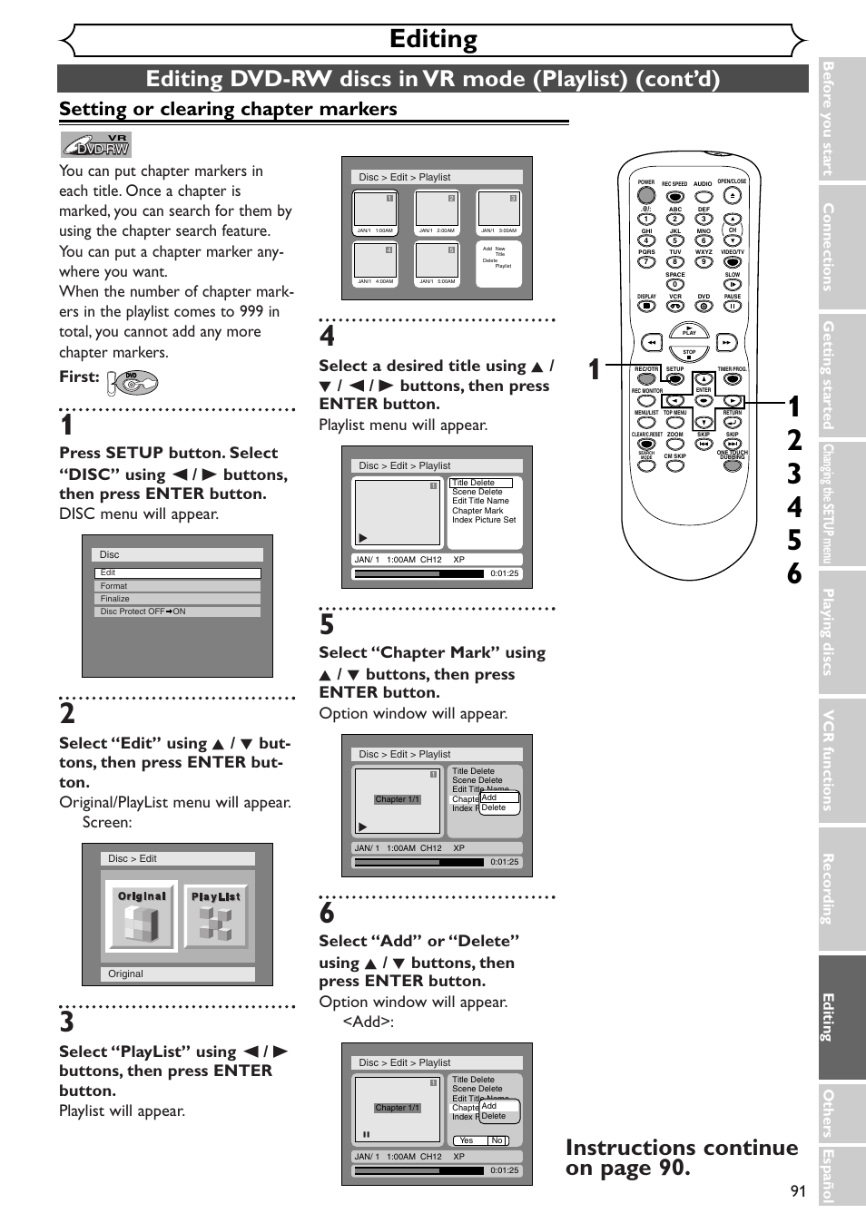 Editing, Instructions continue on page 90, Setting or clearing chapter markers | Sylvania SRDV495 User Manual | Page 91 / 108