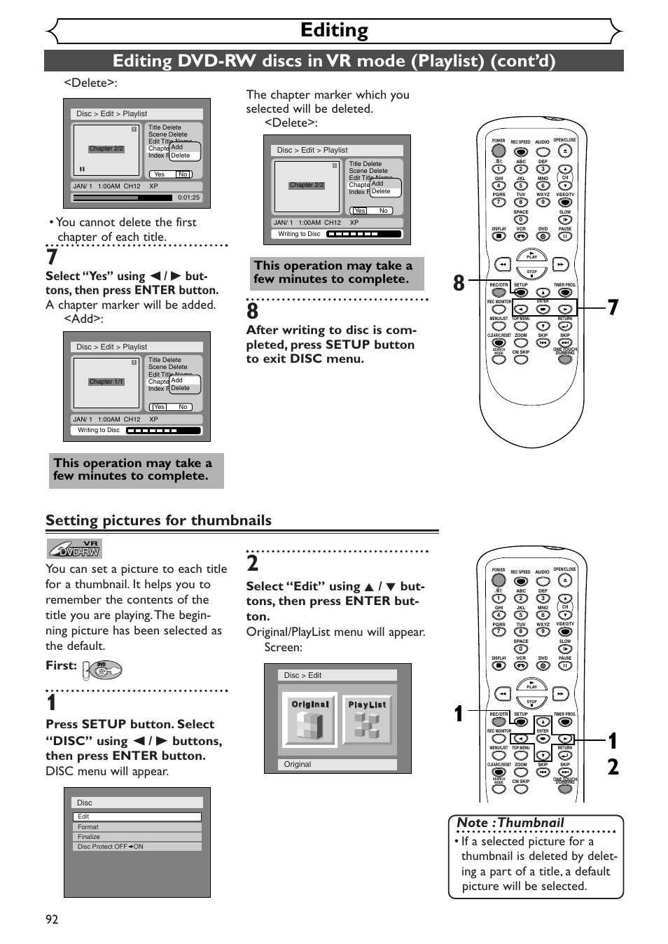 Editing, Setting pictures for thumbnails, This operation may take a few minutes to complete | Dvd-rw | Sylvania SRDV495 User Manual | Page 92 / 108