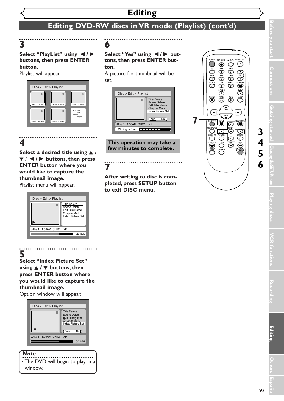 Editing, The dvd will begin to play in a window | Sylvania SRDV495 User Manual | Page 93 / 108