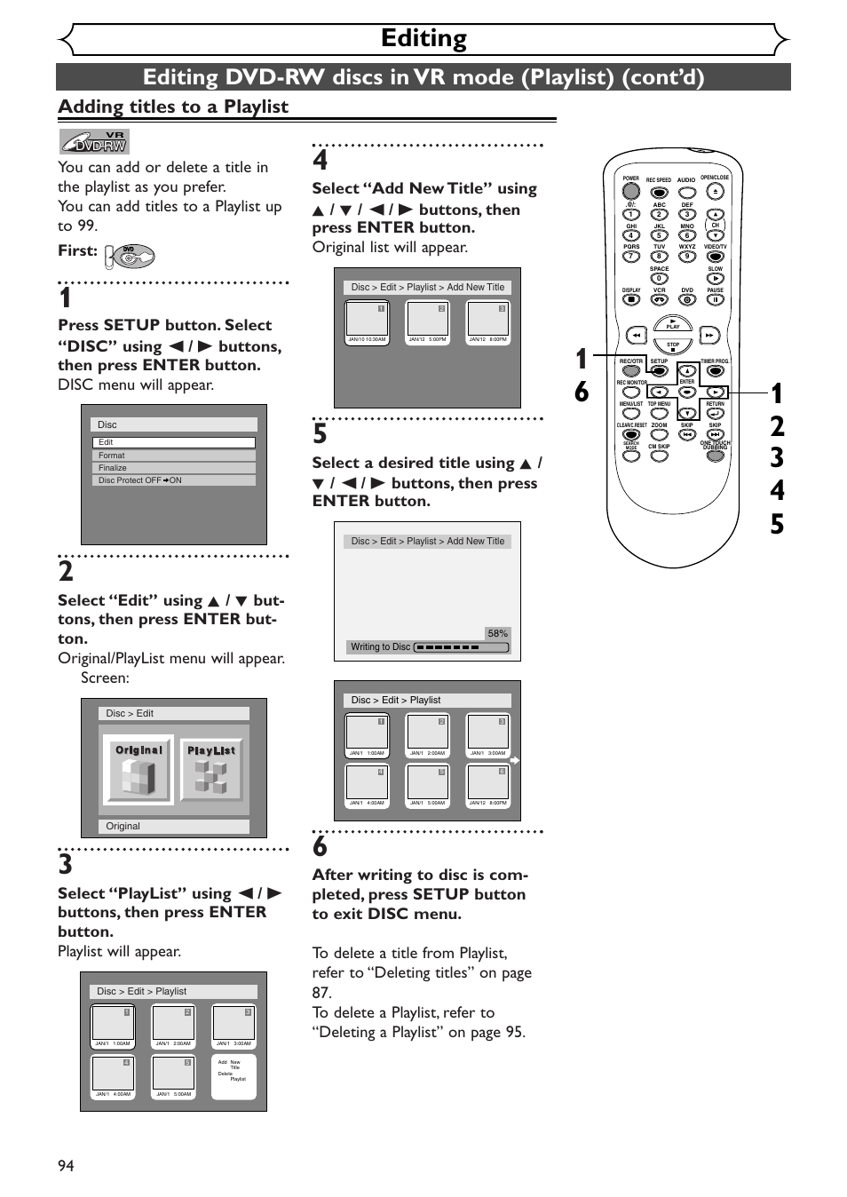 Editing, Adding titles to a playlist | Sylvania SRDV495 User Manual | Page 94 / 108