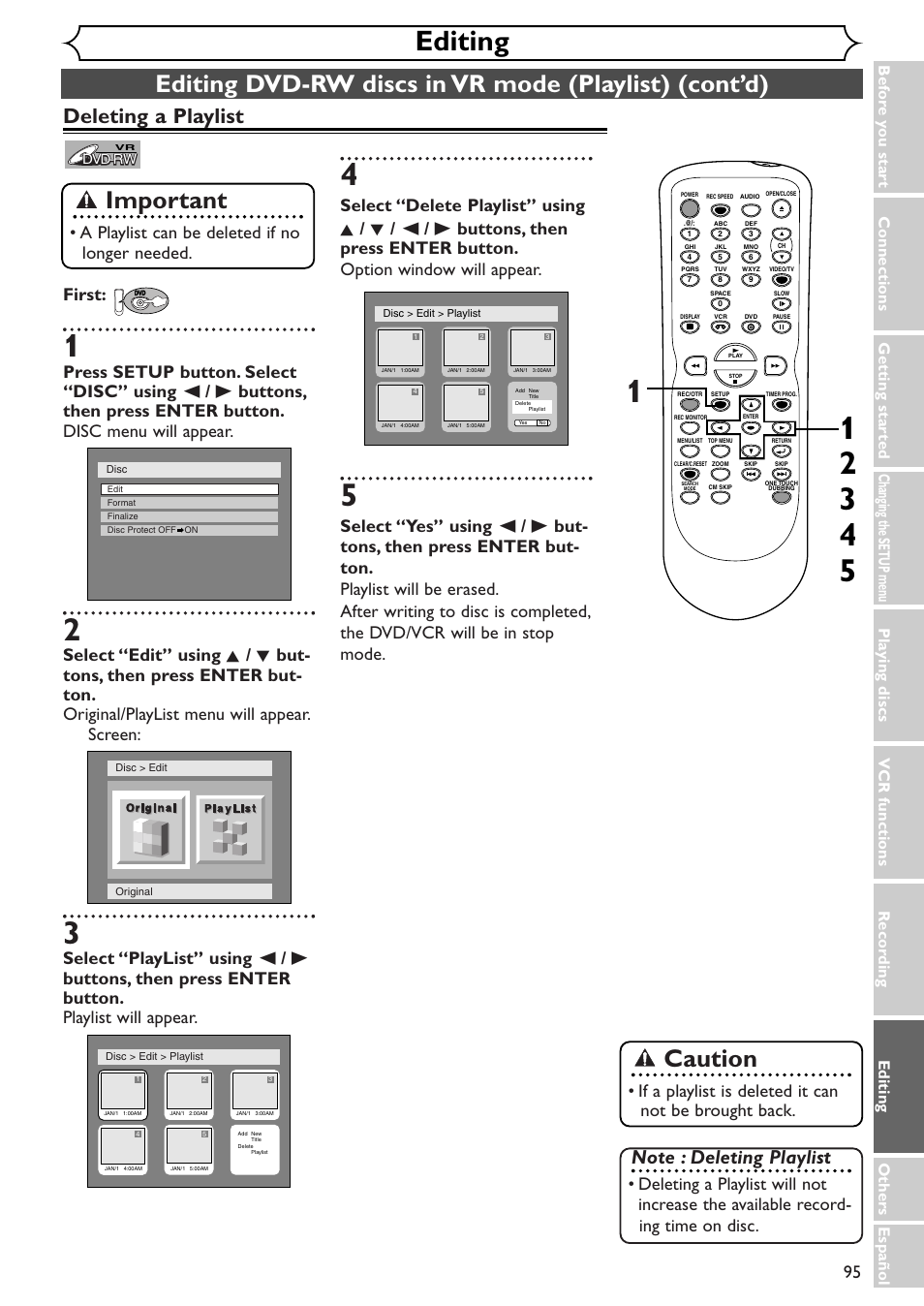 Editing, Important, Caution | Deleting a playlist, A playlist can be deleted if no longer needed | Sylvania SRDV495 User Manual | Page 95 / 108