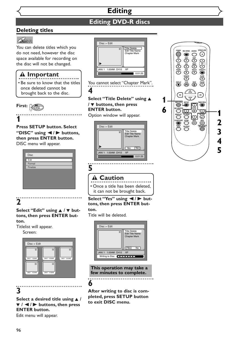 Editing, Editing dvd-r discs, Important | Caution, Deleting titles | Sylvania SRDV495 User Manual | Page 96 / 108