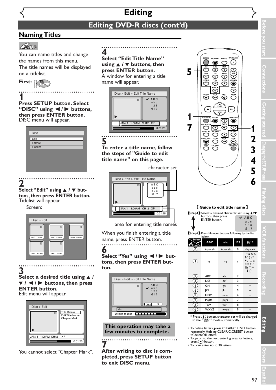 Editing, Editing dvd-r discs (cont’d), Naming titles | Sylvania SRDV495 User Manual | Page 97 / 108