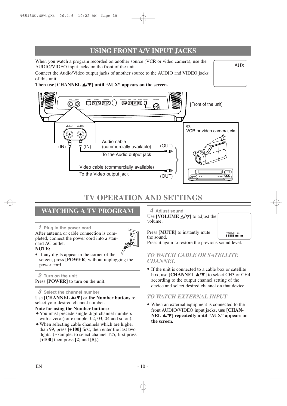 Tv operation and settings, Using front a/v input jacks, Watching a tv program | Sylvania 6313CG User Manual | Page 10 / 32