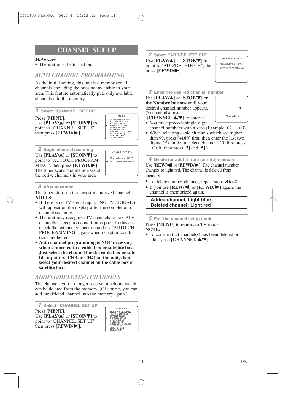 Channel set up, Auto channel programming, Adding/deleting channels | Sylvania 6313CG User Manual | Page 11 / 32