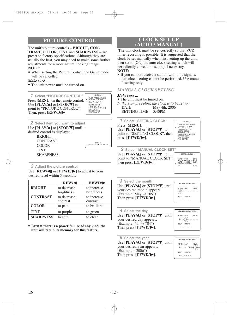 Clock set up (auto / manual), Picture control, Manual clock setting | Sylvania 6313CG User Manual | Page 12 / 32