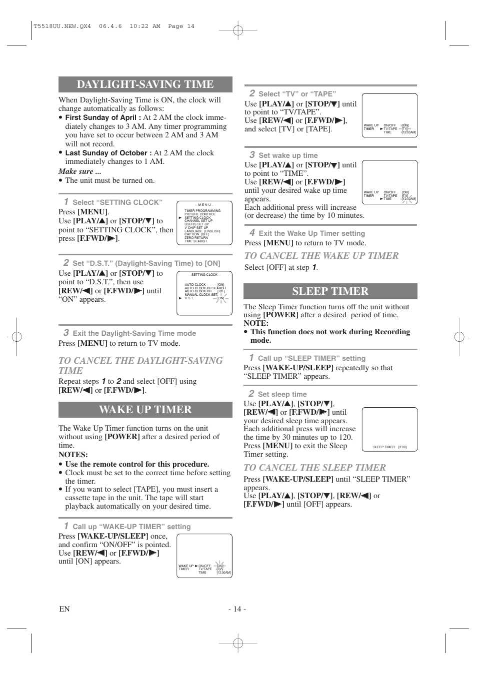 Daylight-saving time, Wake up timer, Sleep timer | Sylvania 6313CG User Manual | Page 14 / 32