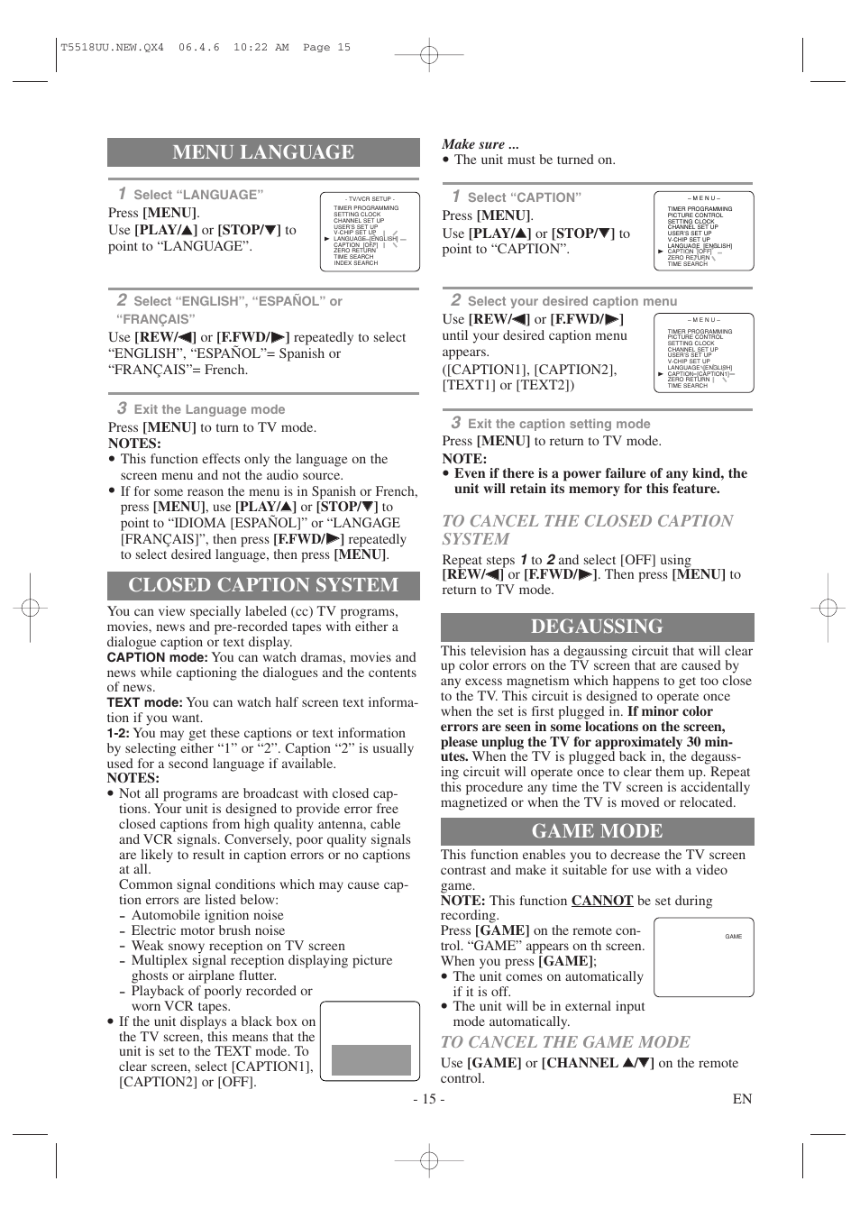 Menu language, Closed caption system, Degaussing | Game mode | Sylvania 6313CG User Manual | Page 15 / 32