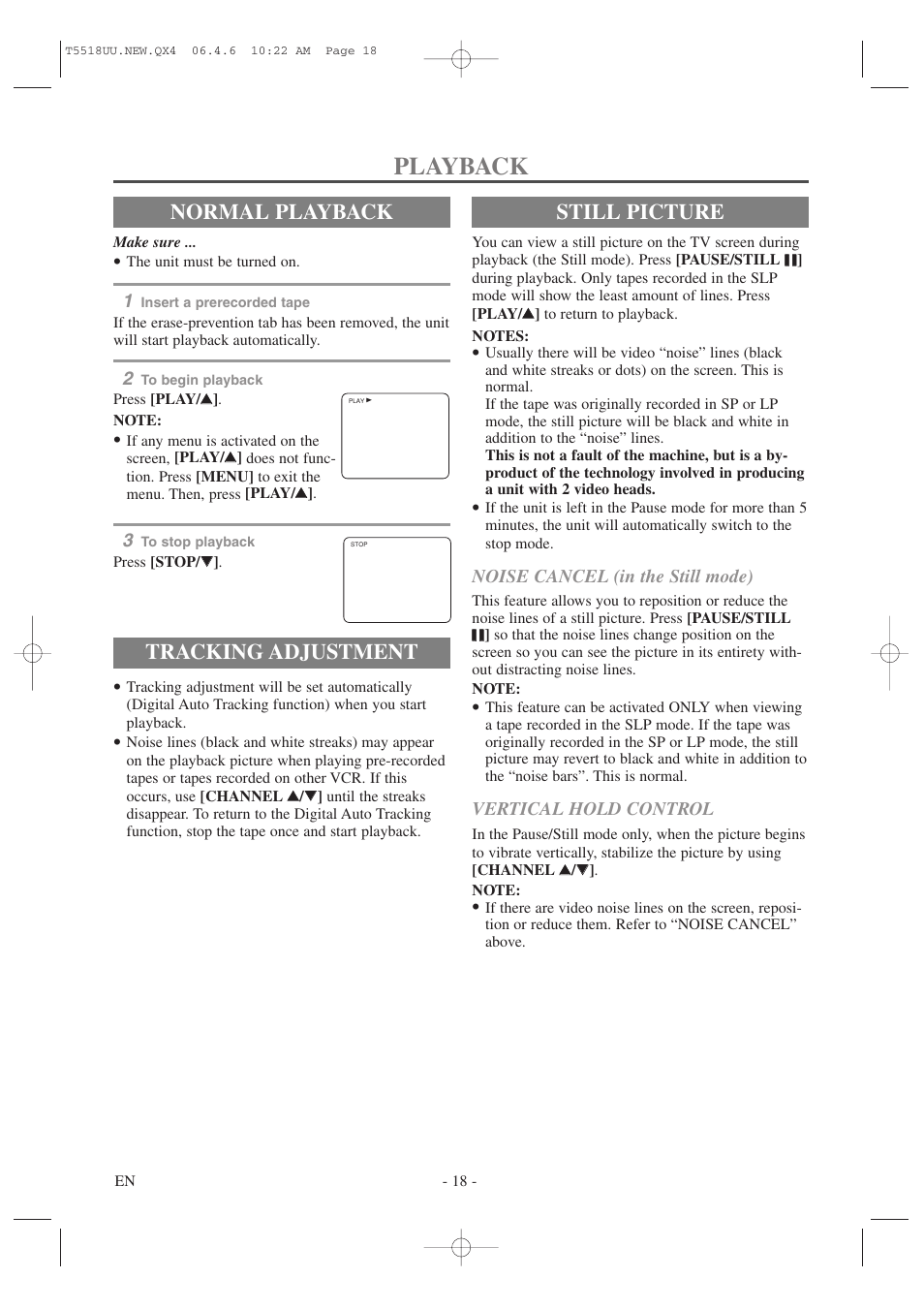 Playback, Normal playback, Tracking adjustment | Still picture | Sylvania 6313CG User Manual | Page 18 / 32