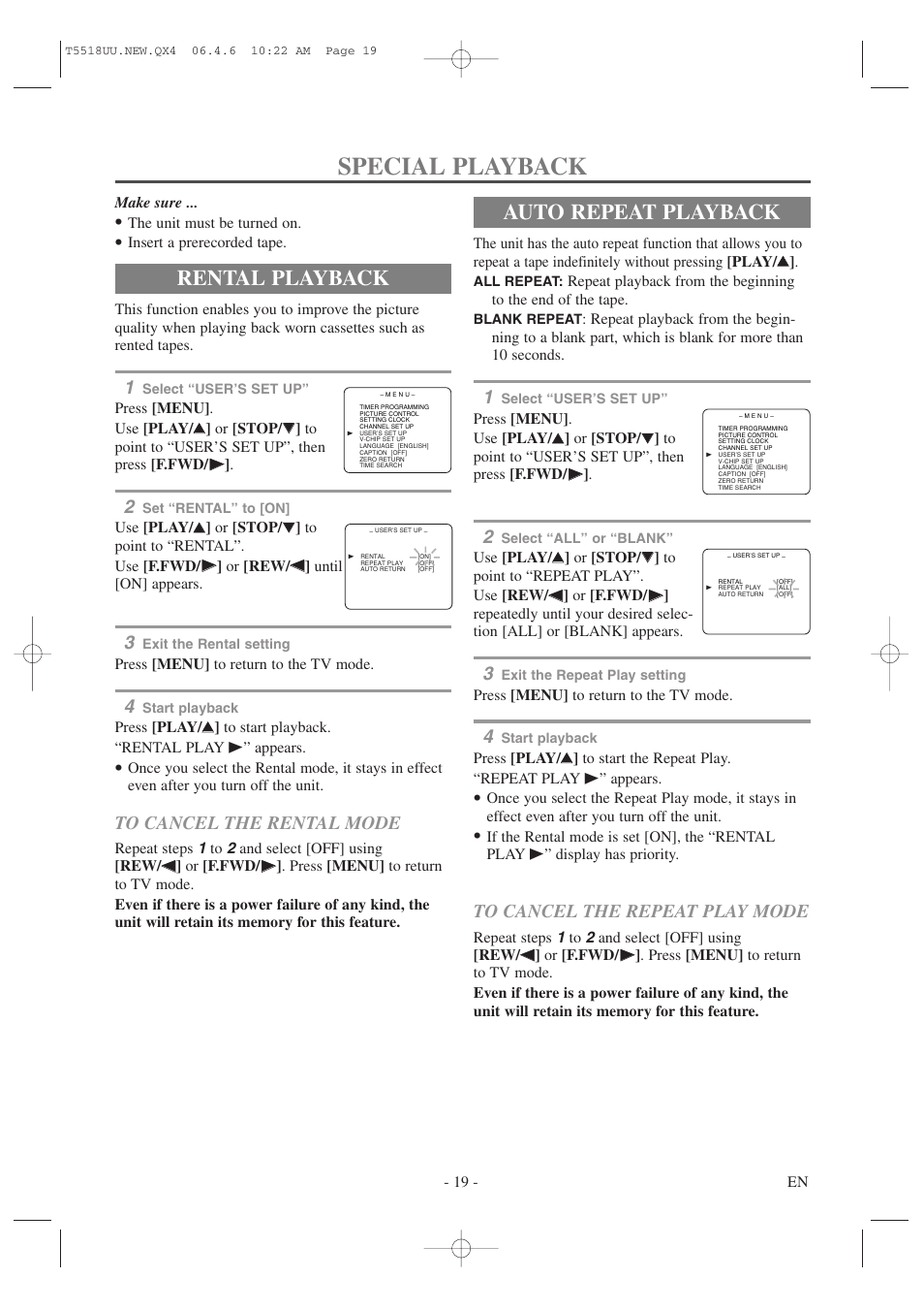 Special playback, Rental playback, Auto repeat playback | Sylvania 6313CG User Manual | Page 19 / 32