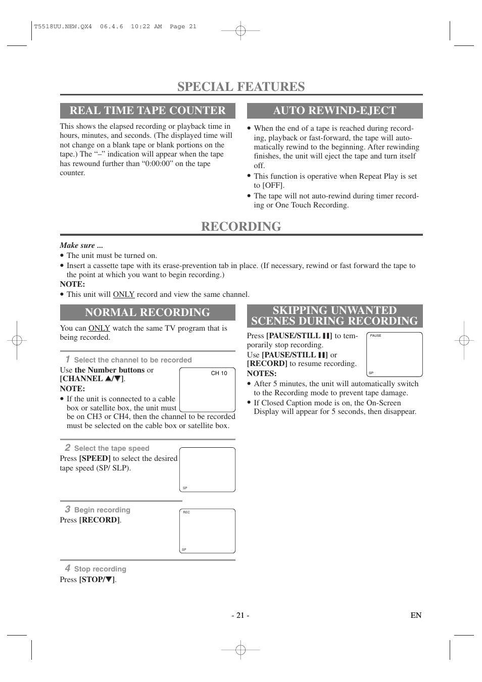 Special features, Recording, Real time tape counter auto rewind-eject | Normal recording, Skipping unwanted scenes during recording | Sylvania 6313CG User Manual | Page 21 / 32