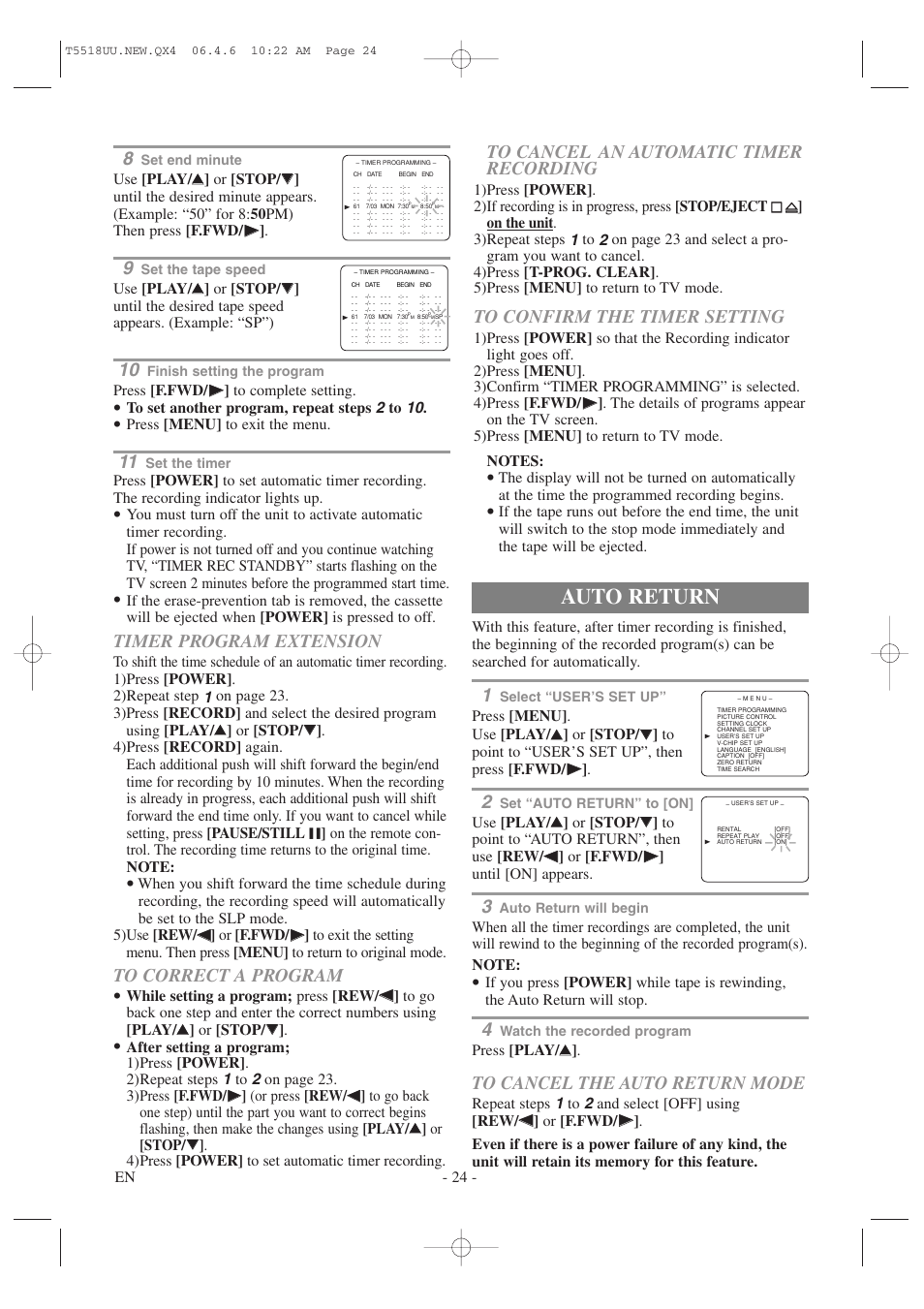 Auto return, Timer program extension, En - 24 | Press [play/ k k, Press [f.fwd/ b b ] to complete setting, Press [menu] to exit the menu | Sylvania 6313CG User Manual | Page 24 / 32