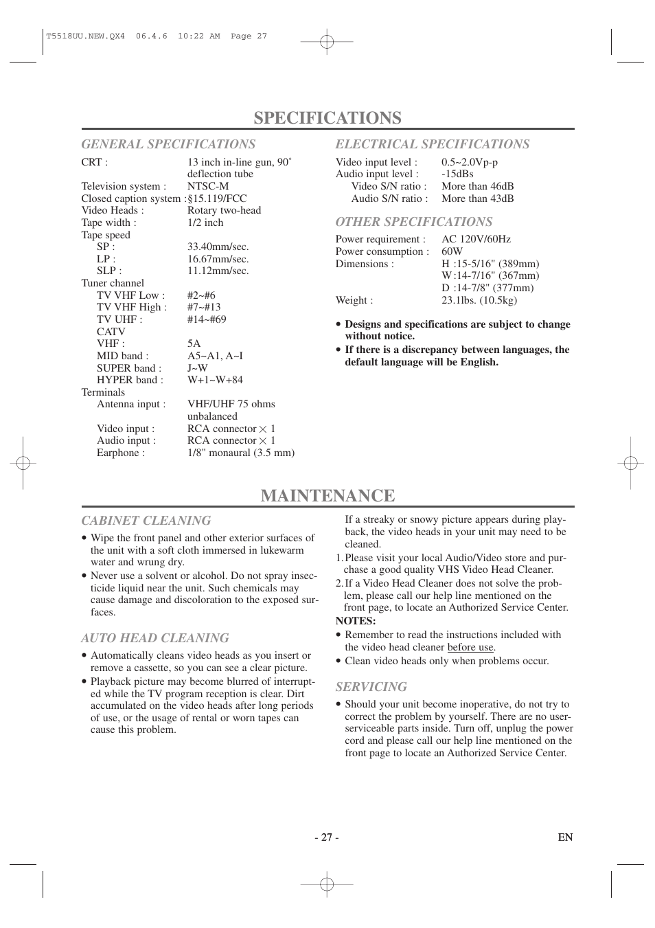 Specifications, Maintenance | Sylvania 6313CG User Manual | Page 27 / 32