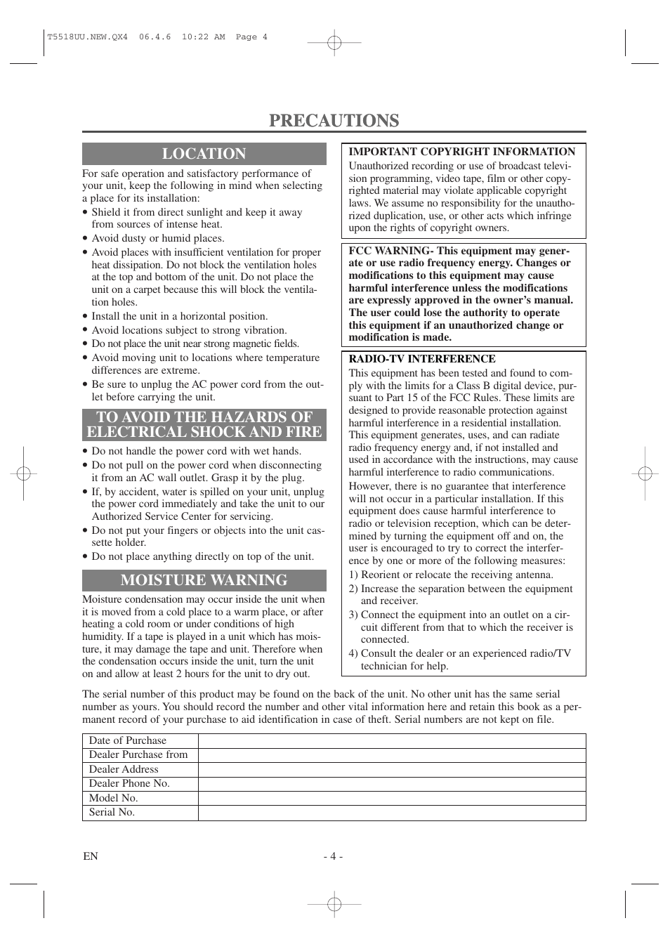 Precautions, Location, Moisture warning | Sylvania 6313CG User Manual | Page 4 / 32