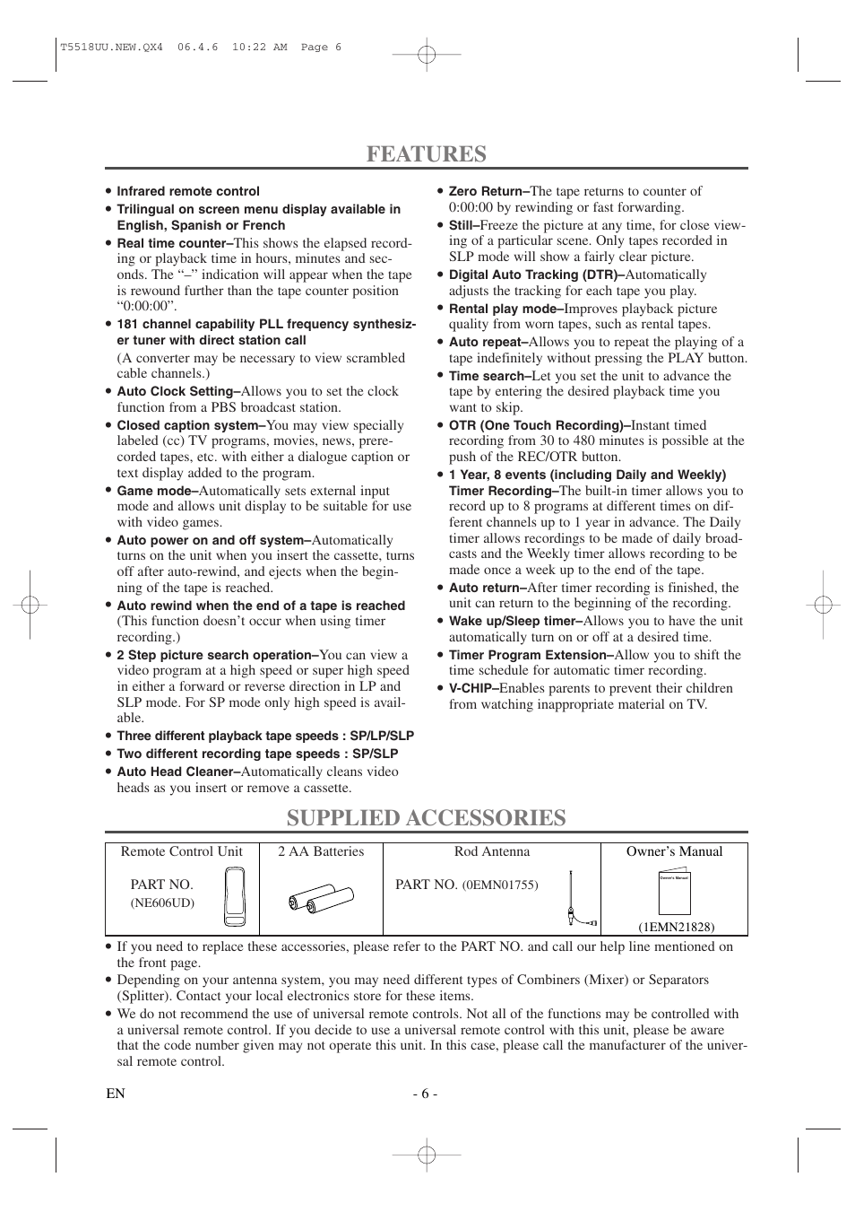 Features, Supplied accessories | Sylvania 6313CG User Manual | Page 6 / 32