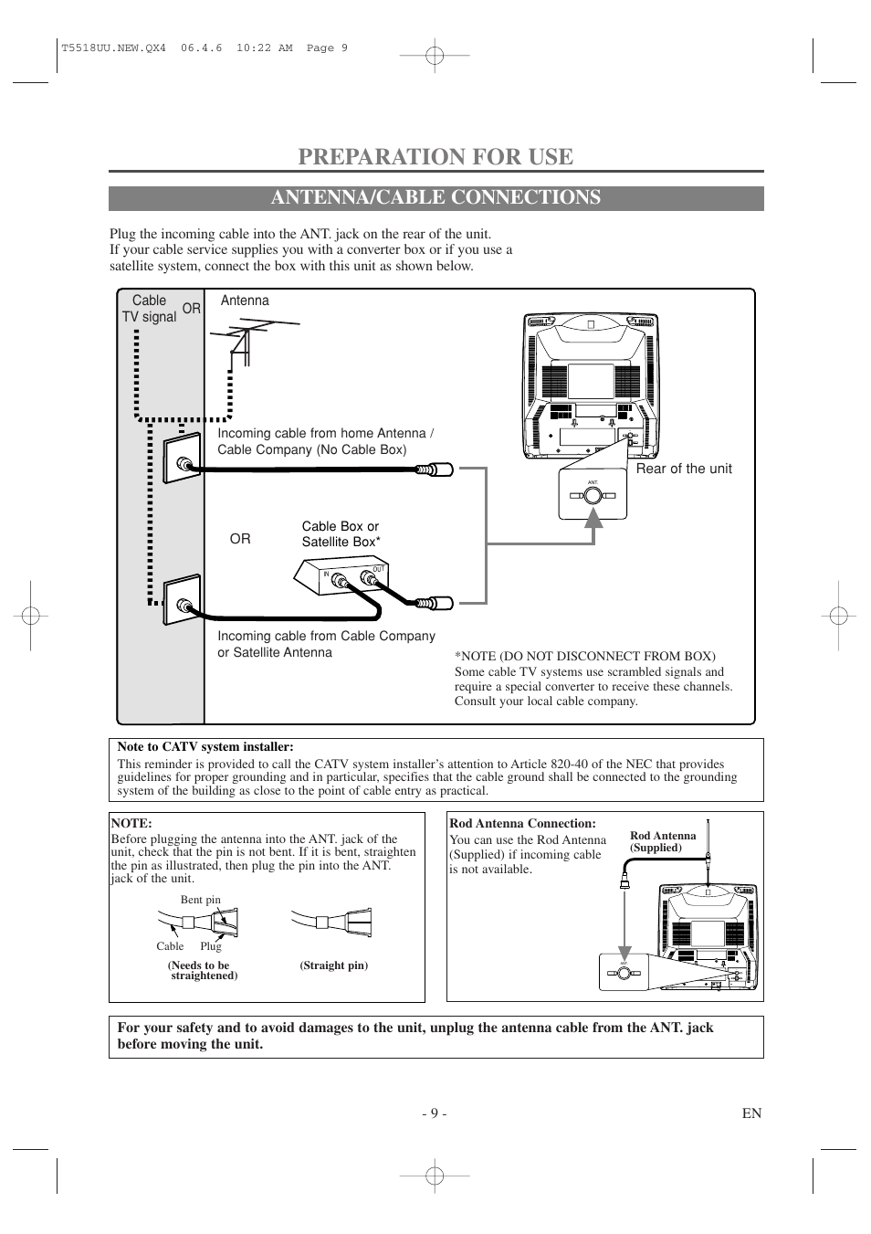 Preparation for use, Antenna/cable connections | Sylvania 6313CG User Manual | Page 9 / 32