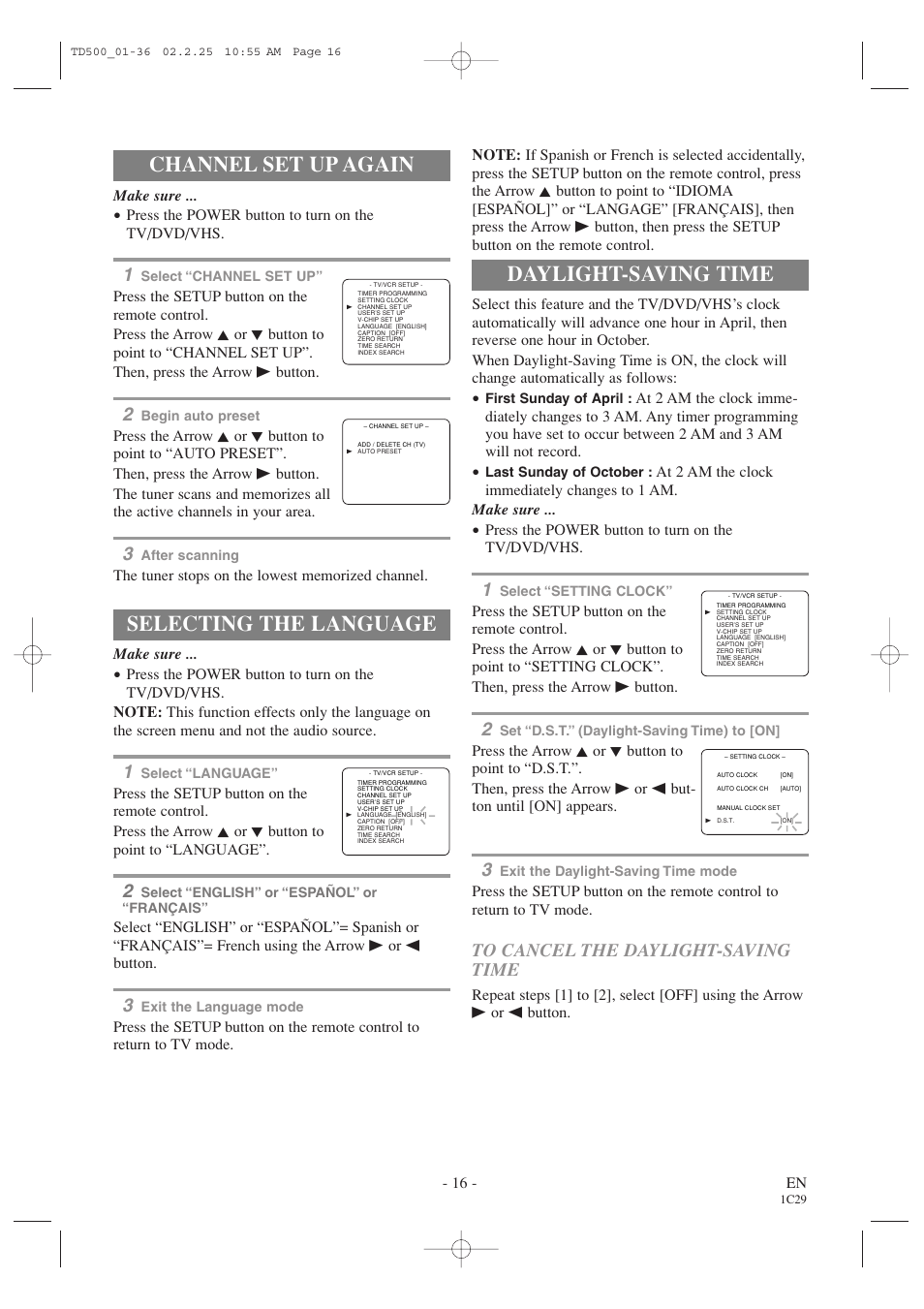 Channel set up again, Selecting the language, Daylight-saving time | Sylvania 19 Inch 6719DC User Manual | Page 16 / 64