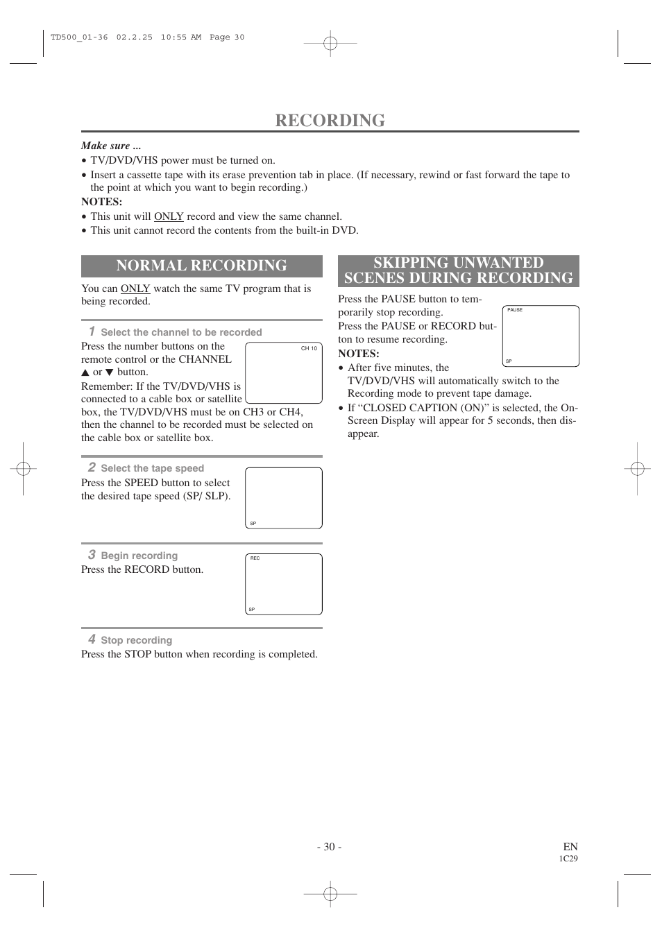 Recording, Normal recording, Skipping unwanted scenes during recording | Sylvania 19 Inch 6719DC User Manual | Page 30 / 64