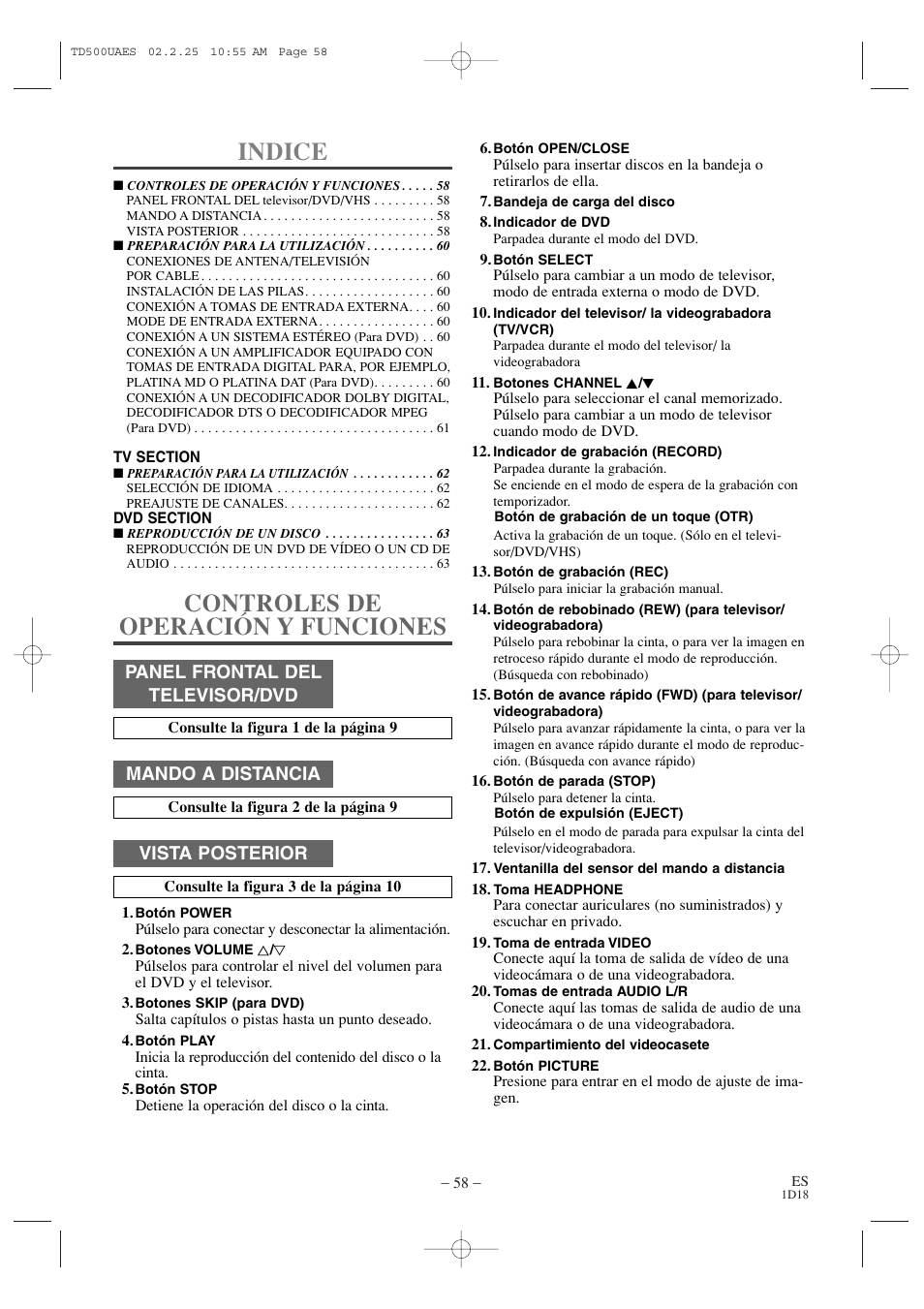 Indice, Controles de operación y funciones, Panel frontal del televisor/dvd | Mando a distancia, Vista posterior | Sylvania 19 Inch 6719DC User Manual | Page 58 / 64