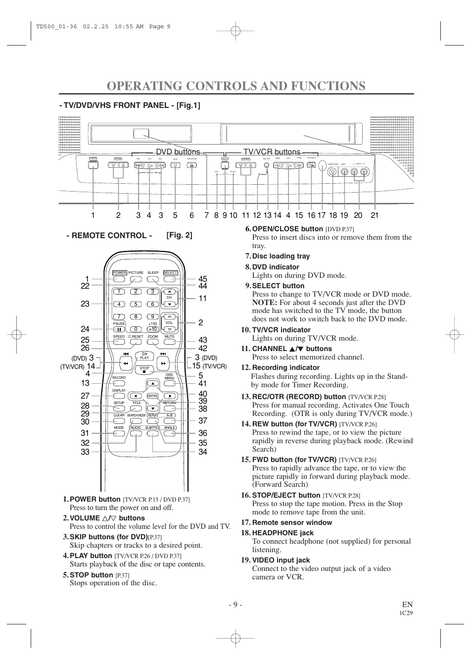 Operating controls and functions, 9 - en, Lights on during dvd mode. 9 | Lights on during tv/vcr mode. 11, Press to turn the power on and off. 2, Skip chapters or tracks to a desired point. 4, Starts playback of the disc or tape contents. 5 | Sylvania 19 Inch 6719DC User Manual | Page 9 / 64