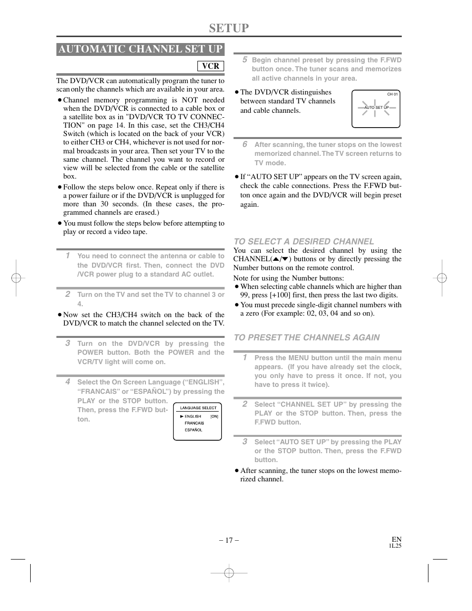 Setup, Automatic channel set up | Sylvania DVC850C User Manual | Page 17 / 48