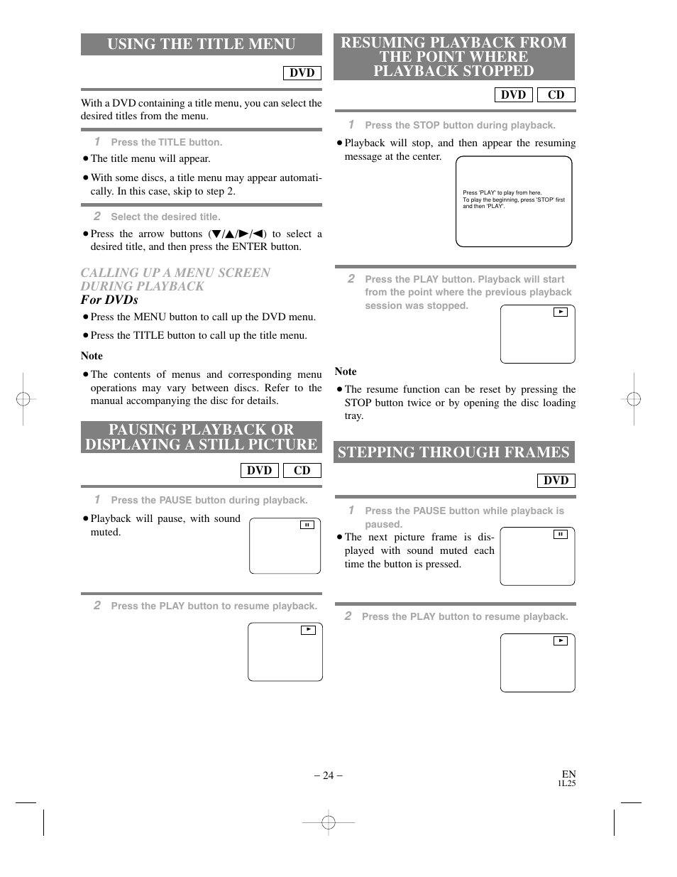 Using the title menu, Pausing playback or displaying a still picture, Stepping through frames | Sylvania DVC850C User Manual | Page 24 / 48