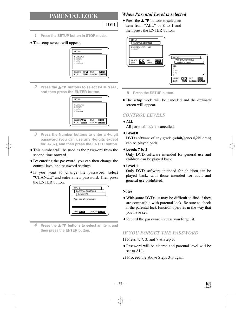 Parental lock, When parental level is selected, Control levels | If you forget the password | Sylvania DVC850C User Manual | Page 37 / 48