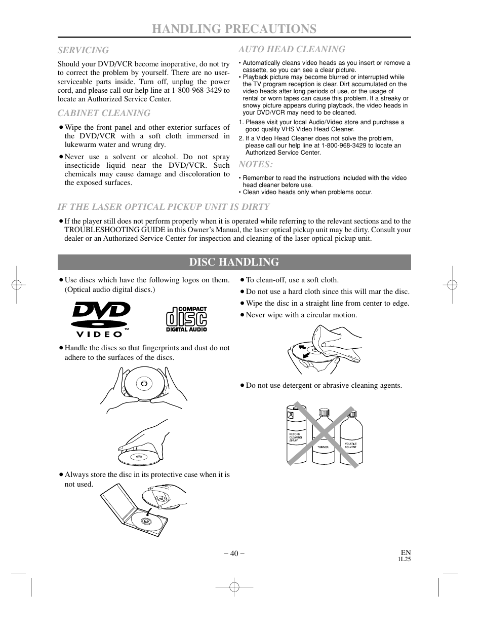 Handling precautions, Disc handling | Sylvania DVC850C User Manual | Page 40 / 48