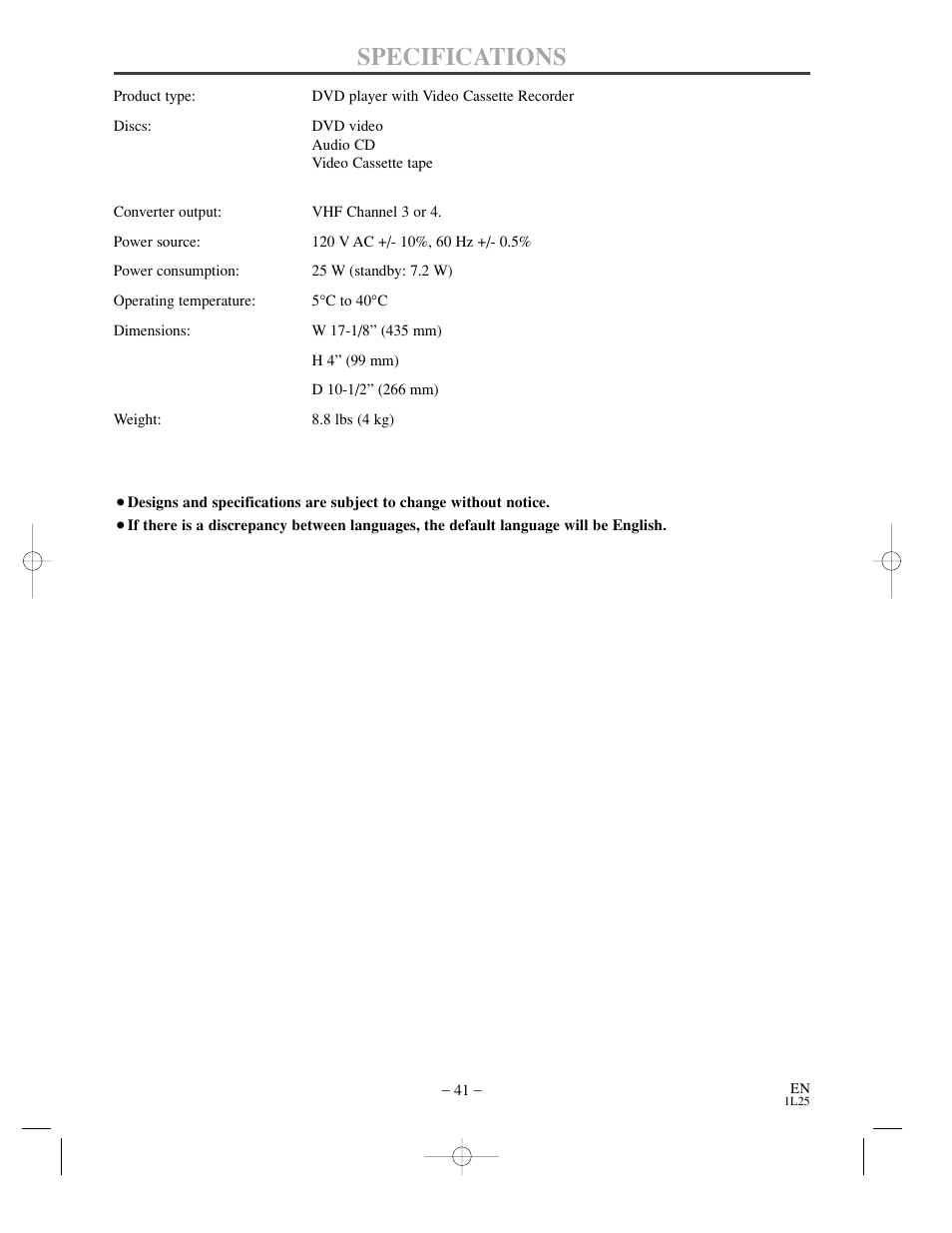 Specifications | Sylvania DVC850C User Manual | Page 41 / 48