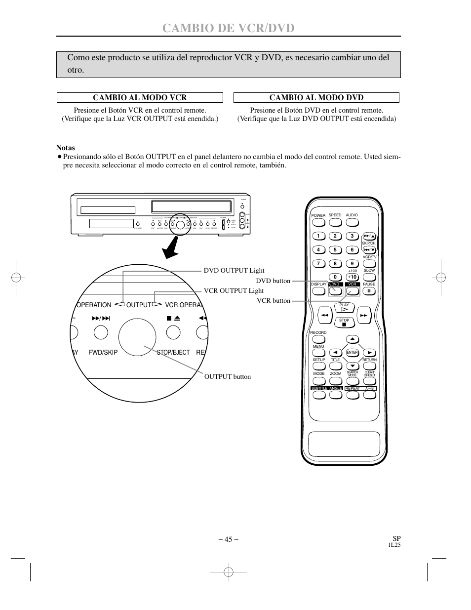 Cambio de vcr/dvd, Cambio al modo vcr, Cambio al modo dvd | Notas, 1l25 | Sylvania DVC850C User Manual | Page 45 / 48