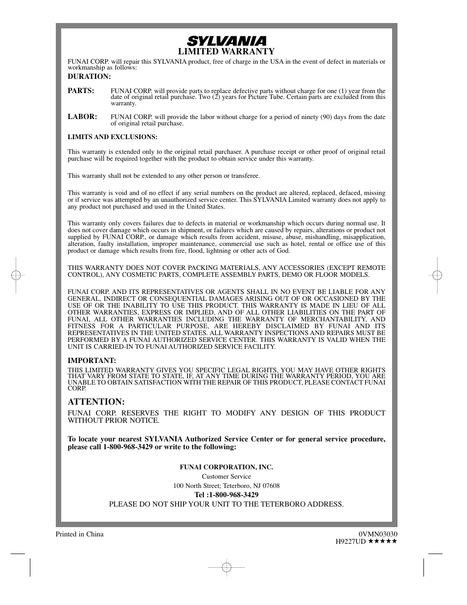 Limited warranty, Attention | Sylvania DVC850C User Manual | Page 48 / 48