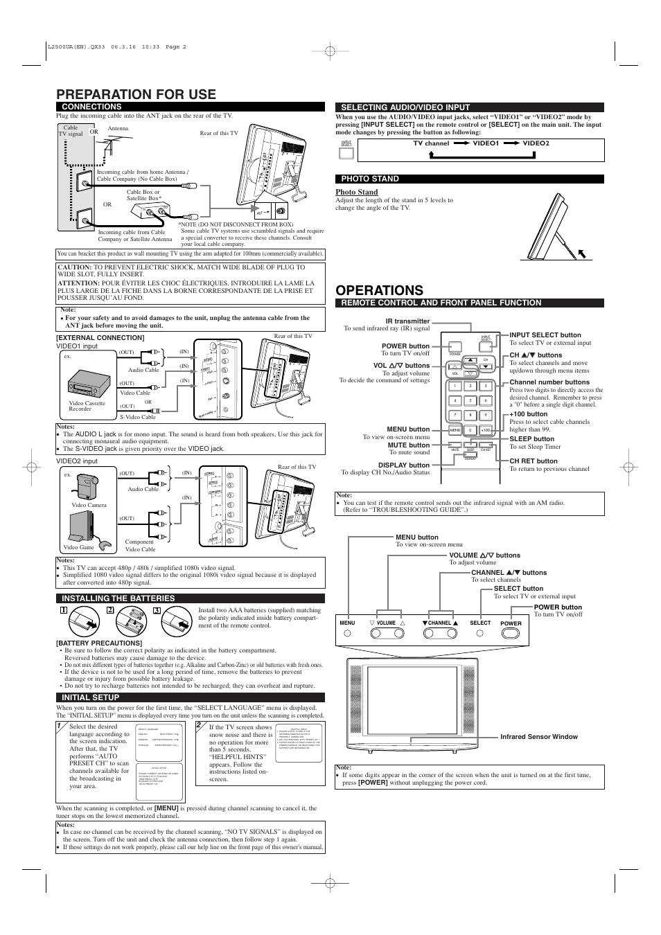 Preparation for use, Operations | Sylvania 6615LCT User Manual | Page 2 / 8