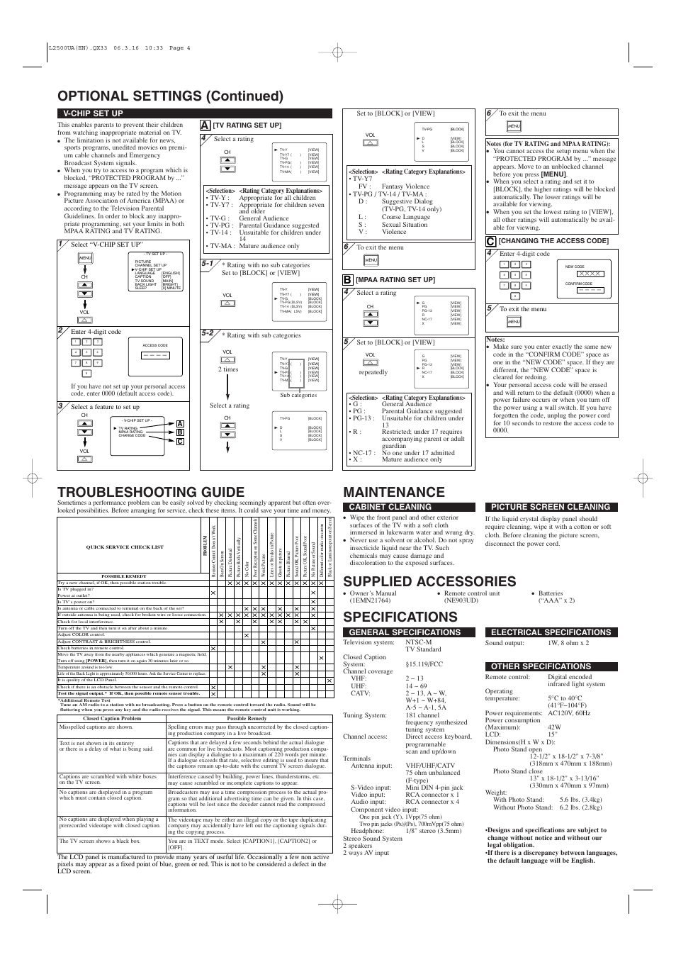 Supplied accessories, General specifications, Electrical specifications | Other specifications, Cabinet cleaning, Picture screen cleaning, V-chip set up | Sylvania 6615LCT User Manual | Page 4 / 8