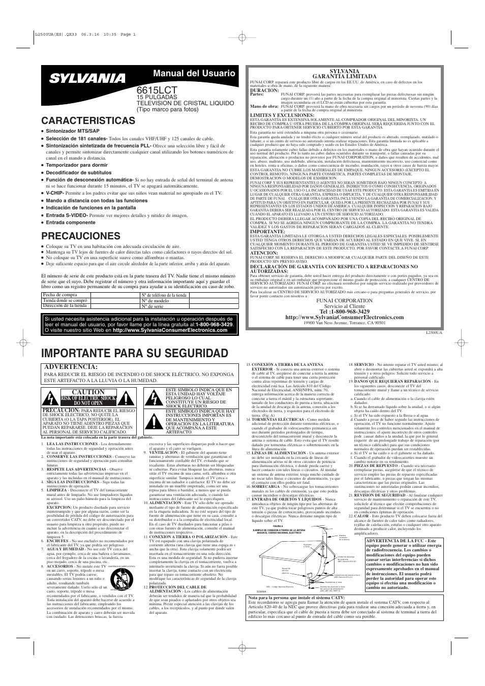 6615lct_l2500ua(es).pdf, Importante para su seguridad, Caracteristicas | Precauciones, 6615lct, Manual del usuario, Advertencia, Caution | Sylvania 6615LCT User Manual | Page 5 / 8