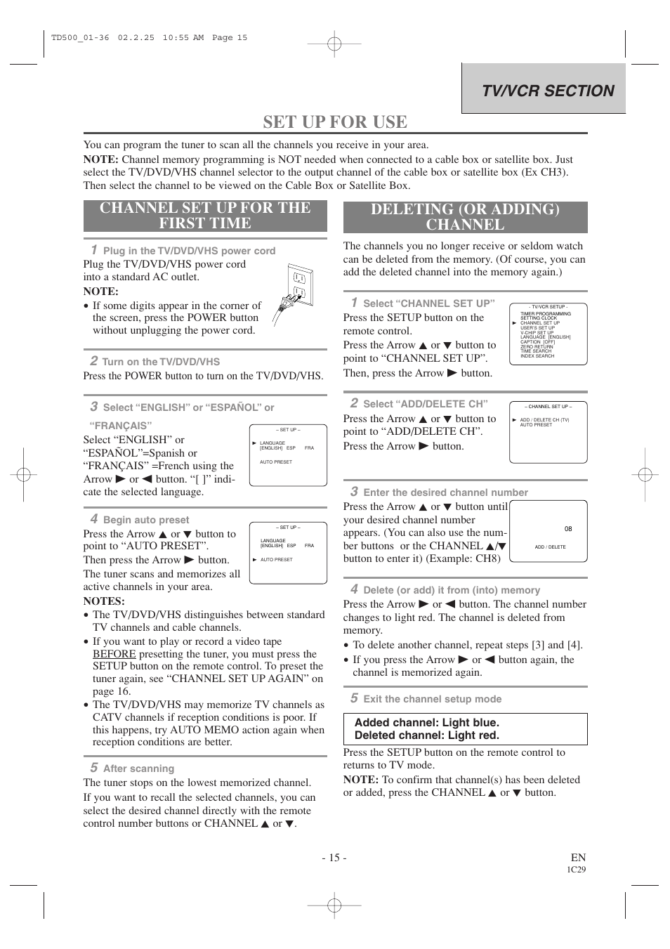Set up for use, Channel set up for the first time, Deleting (or adding) channel | Sylvania 6727DC User Manual | Page 15 / 64