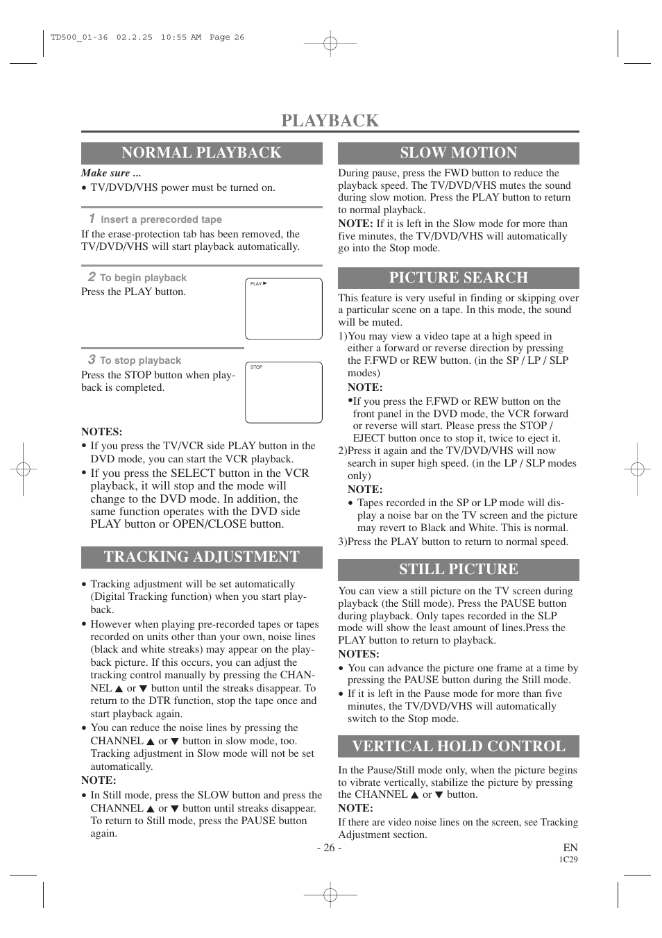 Playback, Normal playback, Tracking adjustment | Picture search, Still picture, Vertical hold control, Slow motion | Sylvania 6727DC User Manual | Page 26 / 64