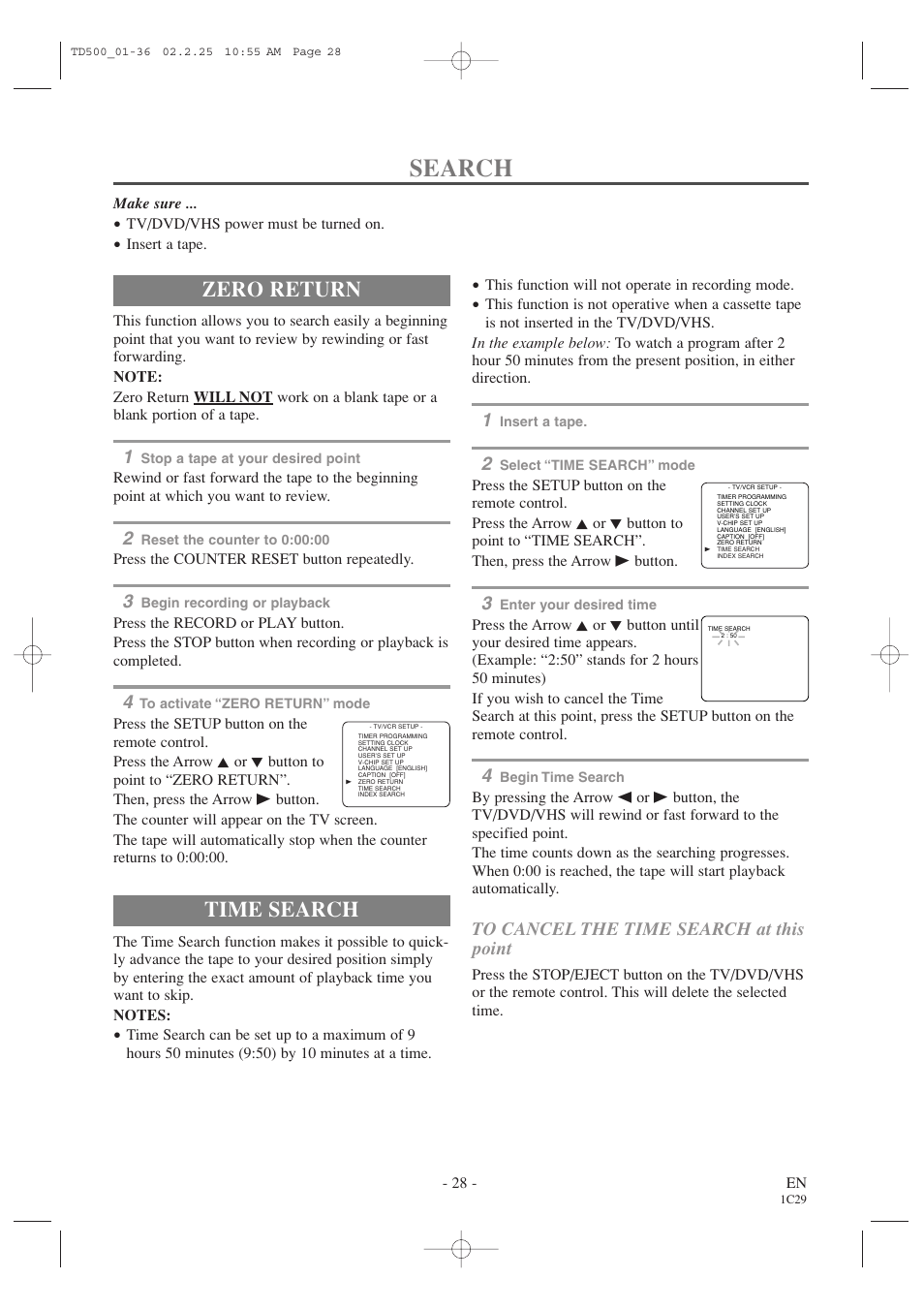 Search, Zero return, Time search | Sylvania 6727DC User Manual | Page 28 / 64