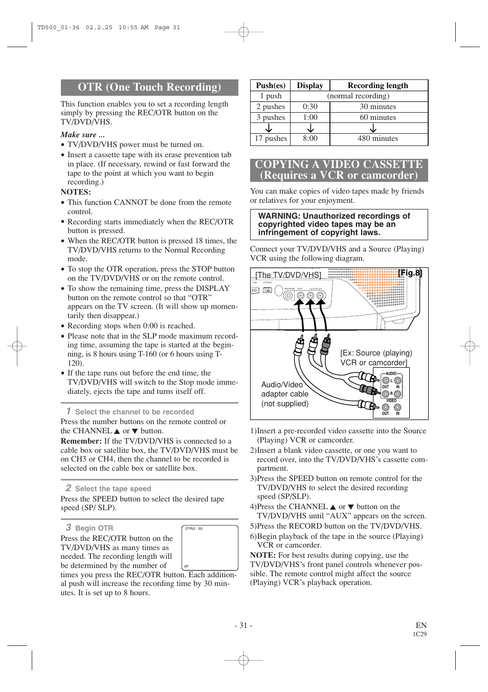 Otr (one touch recording) | Sylvania 6727DC User Manual | Page 31 / 64