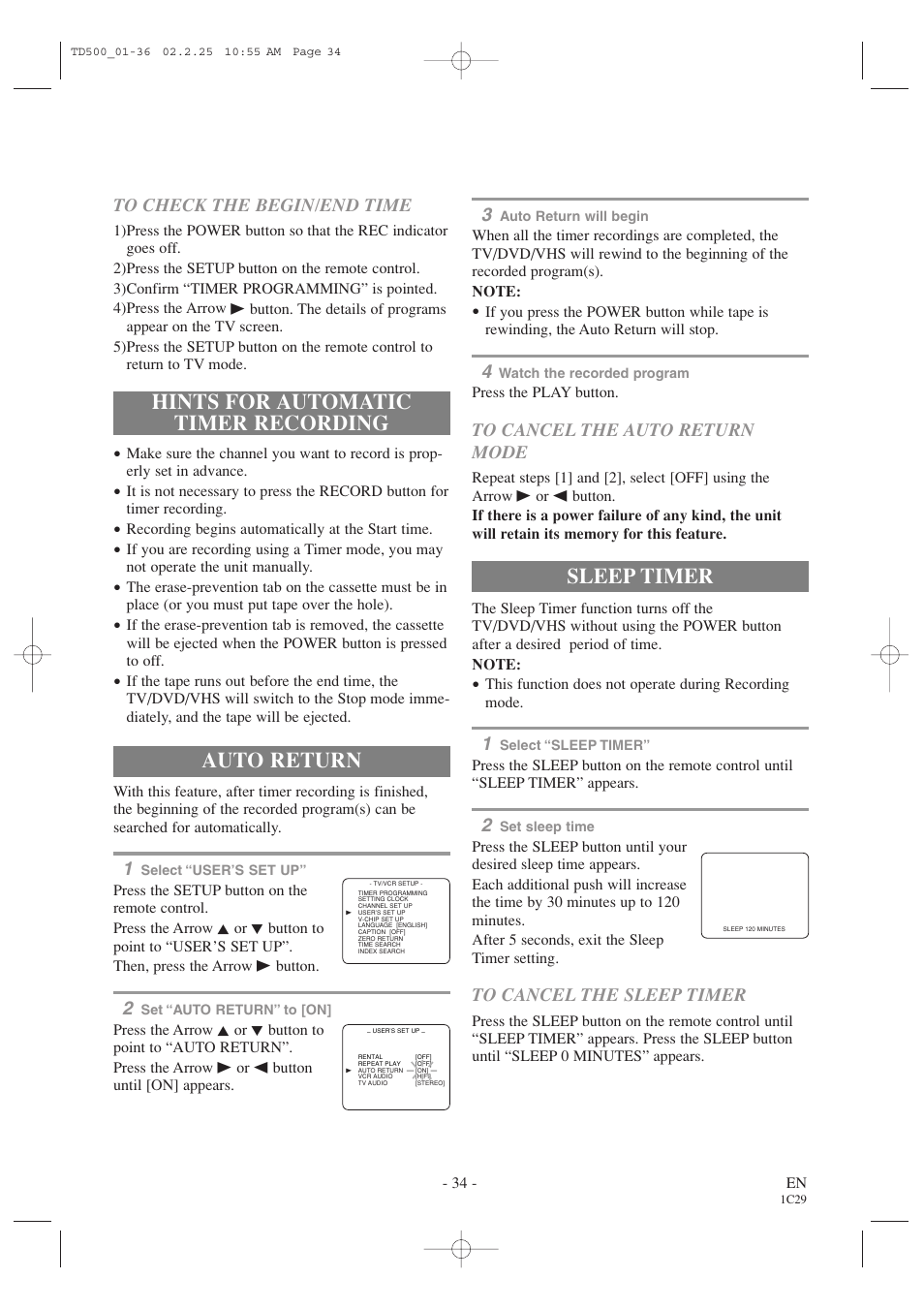 Hints for automatic timer recording, Auto return, Sleep timer | Sylvania 6727DC User Manual | Page 34 / 64