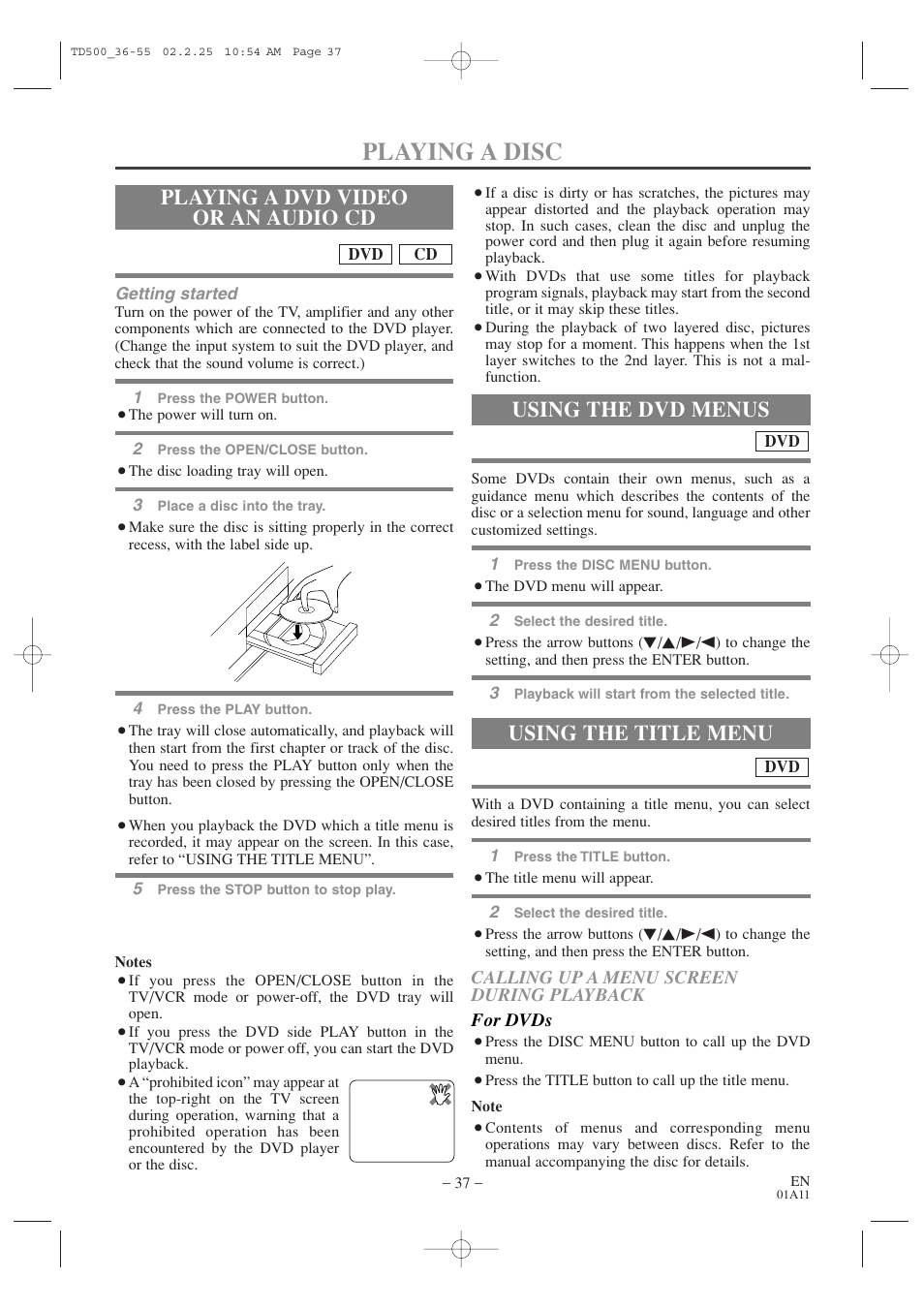 Playing a disc, Using the title menu, Playing a dvd video or an audio cd | Using the dvd menus | Sylvania 6727DC User Manual | Page 37 / 64