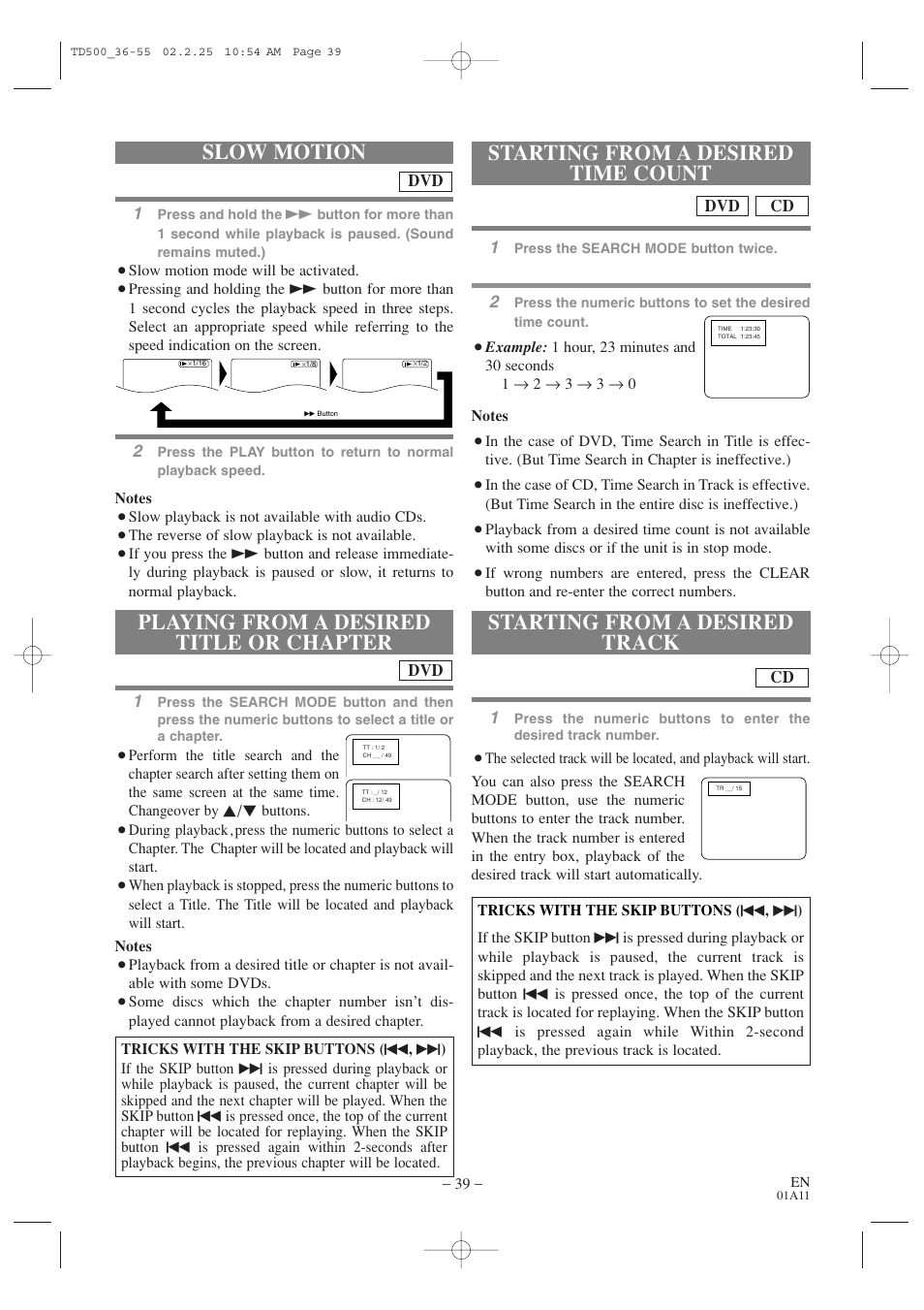 Slow motion, Starting from a desired track, Starting from a desired time count | Playing from a desired title or chapter | Sylvania 6727DC User Manual | Page 39 / 64