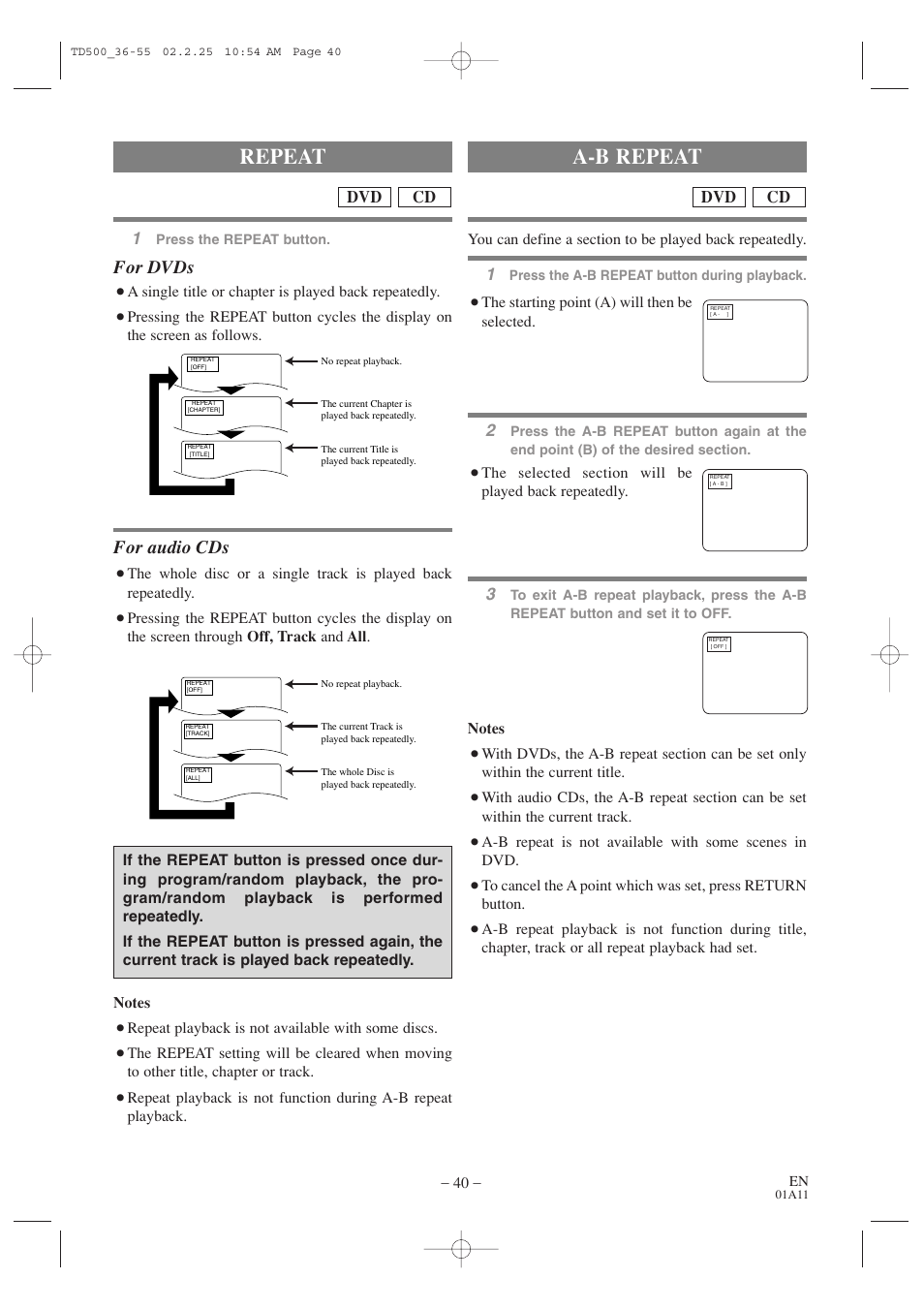 Repeat, A-b repeat, For dvds | For audio cds, Cd dvd | Sylvania 6727DC User Manual | Page 40 / 64