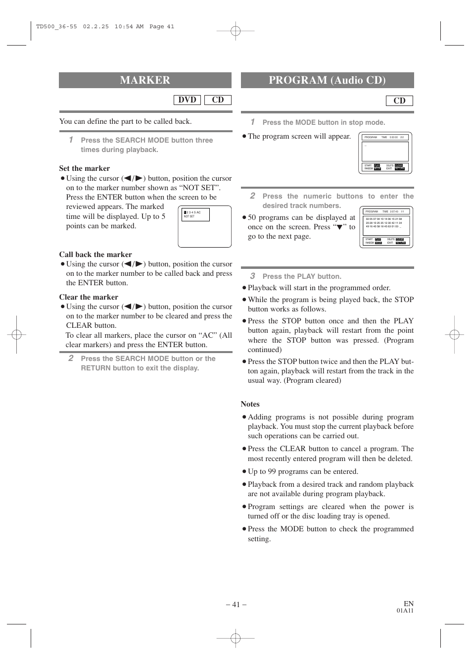 Program (audio cd), Marker, Cd dvd | The program screen will appear, Playback will start in the programmed order, Up to 99 programs can be entered, You can define the part to be called back, Set the marker | Sylvania 6727DC User Manual | Page 41 / 64
