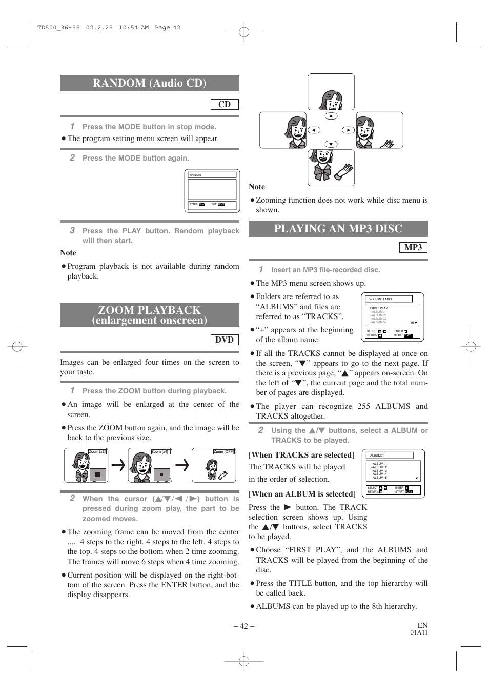 Zoom playback (enlargement onscreen), Random (audio cd), Playing an mp3 disc | Sylvania 6727DC User Manual | Page 42 / 64